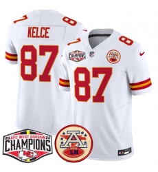 Men Kansas City Chiefs 87 Travis Kelce White F U S E 2024 AFC West Division Champions Vapor Limited Stitched Football Jersey Men Kansas City Chiefs 87 Travis Kelce White F U S E 2024 AFC West Division Champions Vapor Limited Stitched Football Jersey