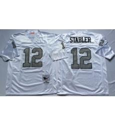 Men Las Vegas Raiders 12 Ken Stabler White Silver M&N Throwback Jersey Men Las Vegas Raiders 12 Ken Stabler White Silver M&N Throwback Jersey