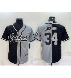 Men Las Vegas Raiders 34 Bo Jackson Black Grey Split With Patch Cool Base Stitched Baseball Jersey Men Las Vegas Raiders 34 Bo Jackson Black Grey Split With Patch Cool Base Stitched Baseball Jersey
