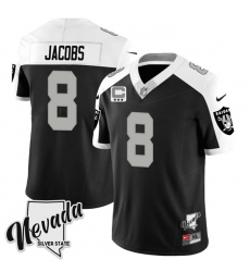 Men Las Vegas Raiders 8 Josh Jacobs Black White 2023 F U S E Nevada Silver Stat With 3 Star C Patch Stitched Football Jersey Men Las Vegas Raiders 8 Josh Jacobs Black White 2023 F U S E Nevada Silver Stat With 3 Star C Patch Stitched Football Jersey
