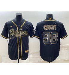 Men Las Vegas Raiders 98 Maxx Crosby Black Gold With Patch Cool Base Stitched Baseball Jersey Men Las Vegas Raiders 98 Maxx Crosby Black Gold With Patch Cool Base Stitched Baseball Jersey