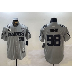 Men Las Vegas Raiders 98 Maxx Crosby Grey With Nevada Silver Stat Patch And 65th Anniversary Patch 3 Star C Patch Stitched Baseball Jersey 2 Men Las Vegas Raiders 98 Maxx Crosby Grey With Nevada Silver Stat Patch And 65th Anniversary Patch 3 Star C Patch Stitched Baseball Jersey 2