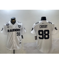 Men Las Vegas Raiders 98 Maxx Crosby White With Nevada Silver Stat Patch And 65th Anniversary Patch 3 Star C Patch Stitched Baseball Jersey 1 Men Las Vegas Raiders 98 Maxx Crosby White With Nevada Silver Stat Patch And 65th Anniversary Patch 3 Star C Patch Stitched Baseball Jersey 1