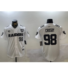 Men Las Vegas Raiders 98 Maxx Crosby White With Nevada Silver Stat Patch And 65th Anniversary Patch 3 Star C Patch Stitched Baseball Jersey Men Las Vegas Raiders 98 Maxx Crosby White With Nevada Silver Stat Patch And 65th Anniversary Patch 3 Star C Patch Stitched Baseball Jersey