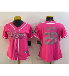 Women Las Vegas Raiders 28 Josh Jacobs Pink Silver With Patch Cool Base Stitched Baseball Jersey Women Las Vegas Raiders 28 Josh Jacobs Pink Silver With Patch Cool Base Stitched Baseball Jersey