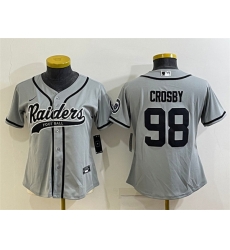 Women Las Vegas Raiders 98 Maxx Crosby Grey With Patch Cool Base Stitched Baseball Jersey Women Las Vegas Raiders 98 Maxx Crosby Grey With Patch Cool Base Stitched Baseball Jersey