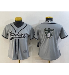 Women Las Vegas Raiders Grey Team Big Logo With Patch Cool Base Stitched Baseball Jersey Women Las Vegas Raiders Grey Team Big Logo With Patch Cool Base Stitched Baseball Jersey