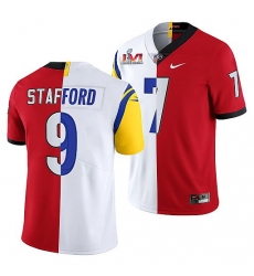 Men Los Angeles Rams X Georgia Bulldogs 9 Matthew Stafford Red White Split Super Bowl LVI Stitched Jerse Men Los Angeles Rams X Georgia Bulldogs 9 Matthew Stafford Red White Split Super Bowl LVI Stitched Jerse