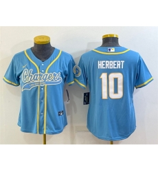 Women Los Angeles Chargers 10 Justin Herbert Blue With Patch Cool Base Stitched Baseball Jersey Women Los Angeles Chargers 10 Justin Herbert Blue With Patch Cool Base Stitched Baseball Jersey