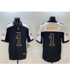 Men Philadelphia Eagles 1 Jalen Hurts Black Gold New F U S E Vapor Untouchable Limited Stitched Football Jersey Men Philadelphia Eagles 1 Jalen Hurts Black Gold New F U S E Vapor Untouchable Limited Stitched Football Jersey