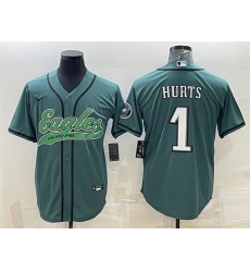 Men Philadelphia Eagles 1 Jalen Hurts Green With Patch Cool Base Stitched Baseball Jersey Men Philadelphia Eagles 1 Jalen Hurts Green With Patch Cool Base Stitched Baseball Jersey