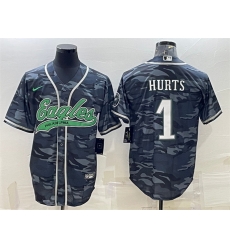 Men Philadelphia Eagles 1 Jalen Hurts Grey Camo With Patch Cool Base Stitched Baseball Jersey Men Philadelphia Eagles 1 Jalen Hurts Grey Camo With Patch Cool Base Stitched Baseball Jersey