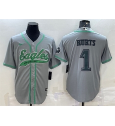 Men Philadelphia Eagles 1 Jalen Hurts Grey With Patch Cool Base Stitched Baseball Jerseys Men Philadelphia Eagles 1 Jalen Hurts Grey With Patch Cool Base Stitched Baseball Jerseys