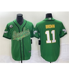 Men Philadelphia Eagles 11 A J Brown Green Gold With C Patch Cool Base Stitched Baseball Jersey Men Philadelphia Eagles 11 A J Brown Green Gold With C Patch Cool Base Stitched Baseball Jersey