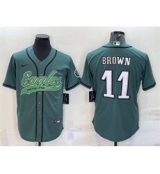 Men Philadelphia Eagles 11 A J Brown Green With Patch Cool Base Stitched Baseball Jersey Men Philadelphia Eagles 11 A J Brown Green With Patch Cool Base Stitched Baseball Jersey
