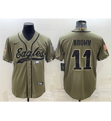 Men Philadelphia Eagles 11 A J Brown Olive 2022 Salute To Service Cool Base Stitched Baseball Jersey Men Philadelphia Eagles 11 A J Brown Olive 2022 Salute To Service Cool Base Stitched Baseball Jersey