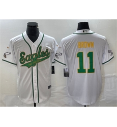 Men Philadelphia Eagles 11 A J Brown White Gold Cool Base Stitched Baseball Jersey Men Philadelphia Eagles 11 A J Brown White Gold Cool Base Stitched Baseball Jersey