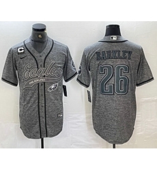Men Philadelphia Eagles 26 Saquon Barkley Grey Gridiron With C Patch Cool Base Stitched Baseball Jersey Men Philadelphia Eagles 26 Saquon Barkley Grey Gridiron With C Patch Cool Base Stitched Baseball Jersey