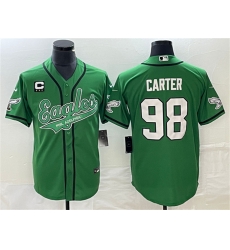 Men Philadelphia Eagles 98 Jalen Carter Green With C Patch Cool Base Stitched Baseball Jersey Men Philadelphia Eagles 98 Jalen Carter Green With C Patch Cool Base Stitched Baseball Jersey