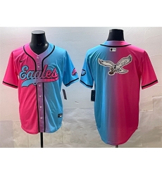 Men Philadelphia Eagles Team Big Logo Pink Blue Limited Stitched Baseball Jersey Men Philadelphia Eagles Team Big Logo Pink Blue Limited Stitched Baseball Jersey