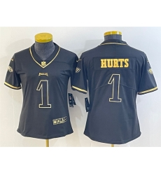 Women Philadelphia Eagles 1 Jalen Hurts Black Golden Edition Stitched Football Jersey Women Philadelphia Eagles 1 Jalen Hurts Black Golden Edition Stitched Football Jersey