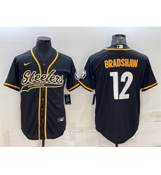 Men Pittsburgh Steelers 12 Terry Bradshaw Black With Patch Cool Base Stitched Baseball Jersey Men Pittsburgh Steelers 12 Terry Bradshaw Black With Patch Cool Base Stitched Baseball Jersey