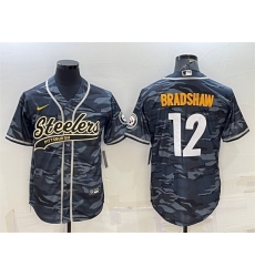 Men Pittsburgh Steelers 12 Terry Bradshaw Grey Navy Camo With Patch Cool Base Stitched Baseball Jersey Men Pittsburgh Steelers 12 Terry Bradshaw Grey Navy Camo With Patch Cool Base Stitched Baseball Jersey