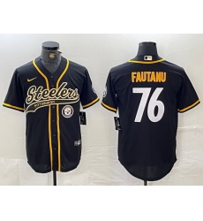 Men Pittsburgh Steelers 76 Troy Fautanu Black With Patch Cool Base Stitched Baseball Jersey 2 Men Pittsburgh Steelers 76 Troy Fautanu Black With Patch Cool Base Stitched Baseball Jersey 2