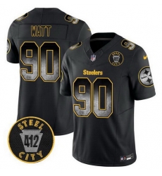 Men Pittsburgh Steelers 90 T J Watt Black F U S E Arch Smoke 412 Patch Vapor Limited Stitched Football Jersey Men Pittsburgh Steelers 90 T J Watt Black F U S E Arch Smoke 412 Patch Vapor Limited Stitched Football Jersey