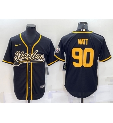 Men Pittsburgh Steelers 90 T J Watt Black Gold With Patch Cool Base Stitched Baseball Jersey Men Pittsburgh Steelers 90 T J Watt Black Gold With Patch Cool Base Stitched Baseball Jersey