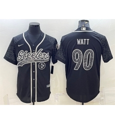 Men Pittsburgh Steelers 90 T J Watt Black Reflective With Patch Cool Base Stitched Baseball Jersey Men Pittsburgh Steelers 90 T J Watt Black Reflective With Patch Cool Base Stitched Baseball Jersey