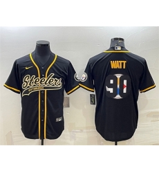 Men Pittsburgh Steelers 90 T J Watt Black Team Big Logo With Patch Cool Base Stitched Baseball Jersey Men Pittsburgh Steelers 90 T J Watt Black Team Big Logo With Patch Cool Base Stitched Baseball Jersey