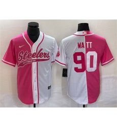 Men Pittsburgh Steelers 90 T J Watt White Pink Split Cool Base Stitched Baseball Jersey Men Pittsburgh Steelers 90 T J Watt White Pink Split Cool Base Stitched Baseball Jersey