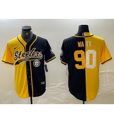 Men Pittsburgh Steelers 90 T J Watt Yellow Black Split With Patch Cool Base Stitched Baseball Jerseys Men Pittsburgh Steelers 90 T J Watt Yellow Black Split With Patch Cool Base Stitched Baseball Jerseys