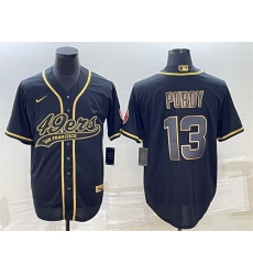 Men San Francisco 49ers 13 Brock Purdy Black Gold With Patch Cool Base Stitched Baseball Jersey Men San Francisco 49ers 13 Brock Purdy Black Gold With Patch Cool Base Stitched Baseball Jersey