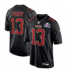 Men San Francisco 49ers 13 Brock Purdy Black Super Bowl LVIII Patch Carbon Fashion Stitched Game Jersey Men San Francisco 49ers 13 Brock Purdy Black Super Bowl LVIII Patch Carbon Fashion Stitched Game Jersey
