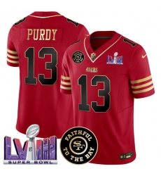 Men San Francisco 49ers 13 Brock Purdy Red 2025 F U S E  Faithful  26 Super Bowl LVIII Patch Vapor Limited Stitched Football Jersey