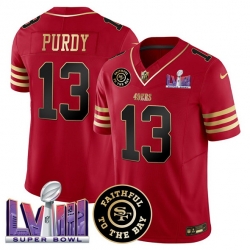 Men San Francisco 49ers 13 Brock Purdy Red 2025 F U S E  Faithful  26 Super Bowl LVIII Patch Vapor Limited Stitched Football Jersey