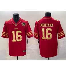 Men San Francisco 49ers 16 Joe Montana Red Gold With 75th Patch Vapor Limited Stitched Football Jersey Men San Francisco 49ers 16 Joe Montana Red Gold With 75th Patch Vapor Limited Stitched Football Jersey