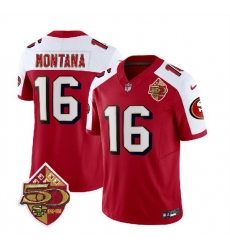 Men San Francisco 49ers 16 Joe Montana Red White 2023 F U S E 50th Patch Throwback Stitched Football Jersey Men San Francisco 49ers 16 Joe Montana Red White 2023 F U S E 50th Patch Throwback Stitched Football Jersey