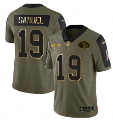 Men San Francisco 49ers 19 Deebo Samuel 2021 Olive Camo Salute To Service Golden Limited Stitched Jersey Men San Francisco 49ers 19 Deebo Samuel 2021 Olive Camo Salute To Service Golden Limited Stitched Jersey