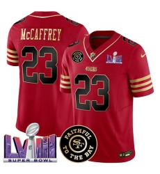 Men San Francisco 49ers 23 Christian Mccaffrey Red 2025 F U S E  Faithful  26 Super Bowl LVIII Patch Vapor Limited Stitched Football Jersey