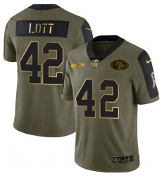 Men San Francisco 49ers 42 Ronnie Lott 2021 Olive Camo Salute To Service Golden Limited Stitched Jersey Men San Francisco 49ers 42 Ronnie Lott 2021 Olive Camo Salute To Service Golden Limited Stitched Jersey