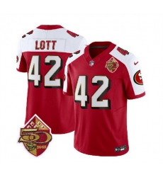 Men San Francisco 49ers 42 Ronnie Lott Red White 2023 F U S E 50th Patch Throwback Stitched Football Jersey Men San Francisco 49ers 42 Ronnie Lott Red White 2023 F U S E 50th Patch Throwback Stitched Football Jersey