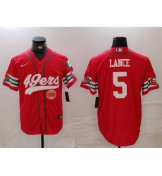 Men San Francisco 49ers 5 Trey Lance Red With Patch Cool Base Stitched Baseball Jersey 3 Men San Francisco 49ers 5 Trey Lance Red With Patch Cool Base Stitched Baseball Jersey 3