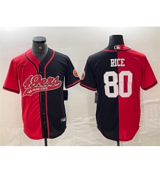 Men San Francisco 49ers 80 Jerry Rice Red Black Split With Patch Cool Base Stitched Baseball Jersey Men San Francisco 49ers 80 Jerry Rice Red Black Split With Patch Cool Base Stitched Baseball Jersey