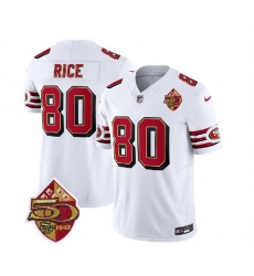 Men San Francisco 49ers 80 Jerry Rice White 2023 F U S E 50th Patch Throwback Stitched Football Jersey Men San Francisco 49ers 80 Jerry Rice White 2023 F U S E 50th Patch Throwback Stitched Football Jersey