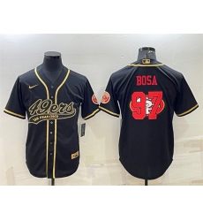 Men San Francisco 49ers 97 Nick Bosa Black Gold Team Big Logo With Patch Cool Base Stitched Baseball Jersey Men San Francisco 49ers 97 Nick Bosa Black Gold Team Big Logo With Patch Cool Base Stitched Baseball Jersey
