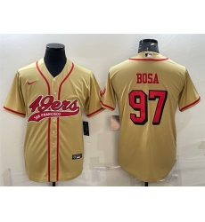 Men San Francisco 49ers 97 Nick Bosa New Gold With Patch Cool Base Stitched Baseball Jersey Men San Francisco 49ers 97 Nick Bosa New Gold With Patch Cool Base Stitched Baseball Jersey