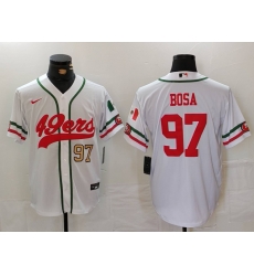 Men San Francisco 49ers 97 Nick Bosa White With Patch Cool Base Stitched Baseball Jersey 1 Men San Francisco 49ers 97 Nick Bosa White With Patch Cool Base Stitched Baseball Jersey 1